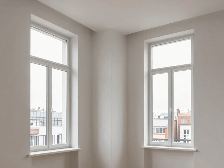 Crisp interior photography of an Ixelles apartment, immaculate white gypsum walls, sharp ceiling angles, natural light pouring through tall windows.