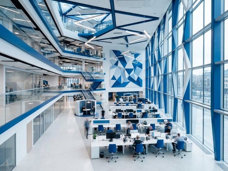 A wide architectural perspective of a clean modern corporate workspace with sharp blue and white geometric lines, bright cool daylight, 35mm lens
