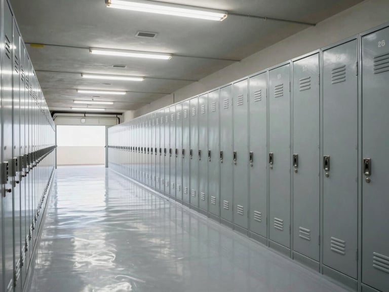 Wide architectural shot of spotless self-storage corridors in the Al Shamkhah facility, clean reflective floors, numbered steel lockers, cool fluorescent overhead lighting.