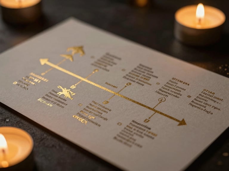 Macro shot of a structured theological timeline diagram printed on textured paper, gold ink details, dark background.