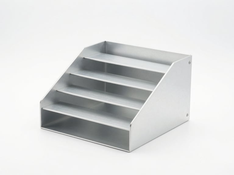 Crisp studio portrait of a minimalist aluminum desk organizer on a clean white background, bright high-key lighting, soft natural shadows