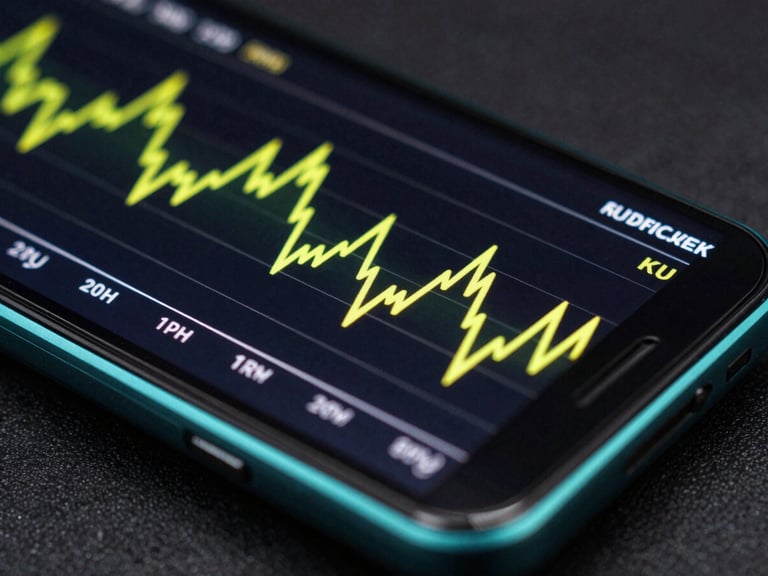 Macro close-up of a physical Android test device screen displaying real-time GPU rendering frame-time graphs with sharp cyber-lime lines, low-key studio lighting with teal rim light.