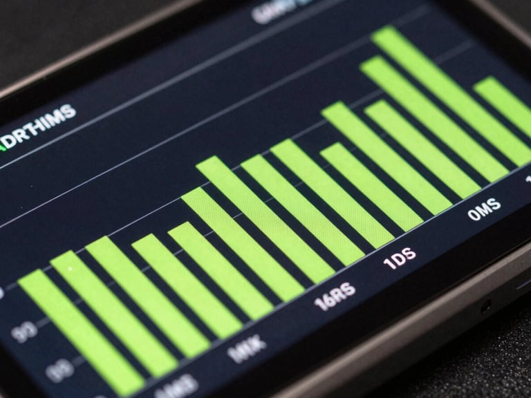 Macro shot of an Android test rig screen showing a real-time GPU rendering profile graph with cyber-lime bars staying safely below the 16ms frame limit line