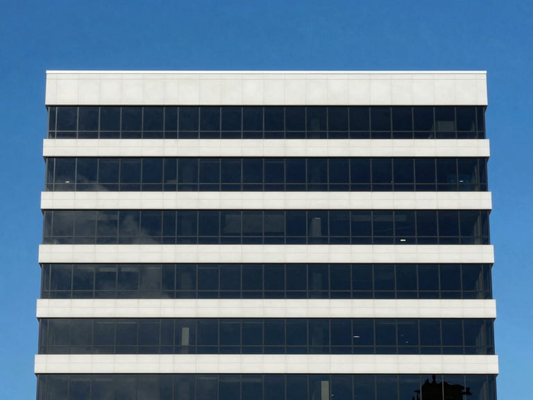 Crisp architectural shot of a five-story commercial office building in Tampa, glass facade reflecting deep blue sky, bright daylight
