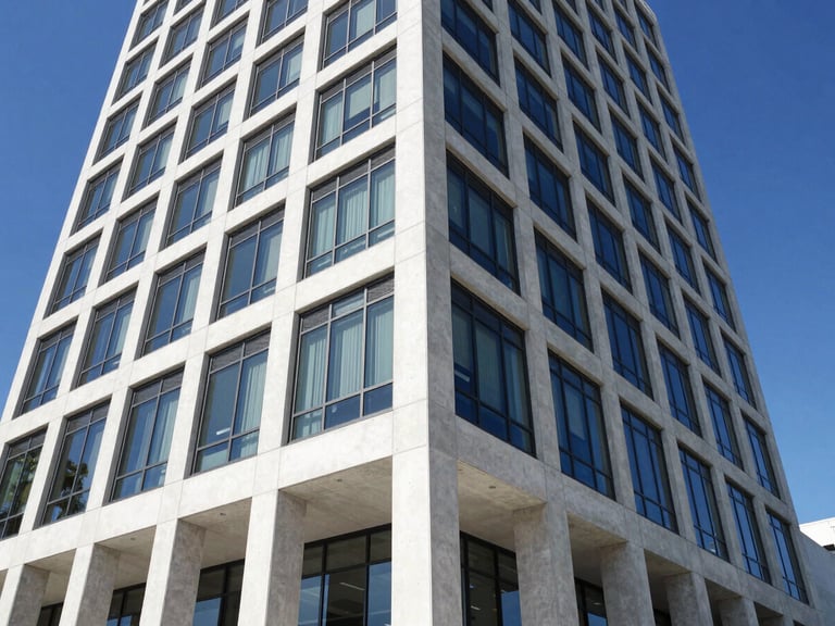 Low-angle architectural perspective of a newly completed modern commercial building in Tampa, clean lines, pristine concrete and glass, bright daylight.