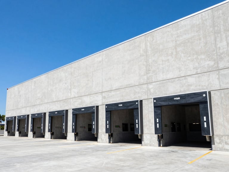 Wide exterior shot of a modern logistics warehouse, tilt-wall concrete construction, clean loading docks under bright Florida sun