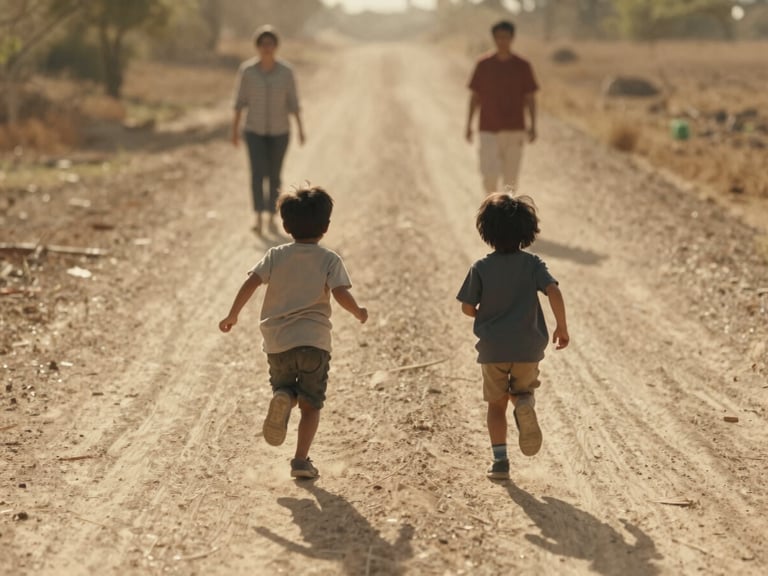 Two young children running ahead of their parents down a sun-drenched dirt road, cinematic framing, warm nostalgic tones.