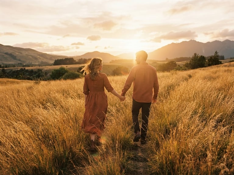 Cinematic wide shot of a couple walking through tall grass at golden hour, warm lens flare, holding hands, unposed, soft backlighting, 35mm film look.