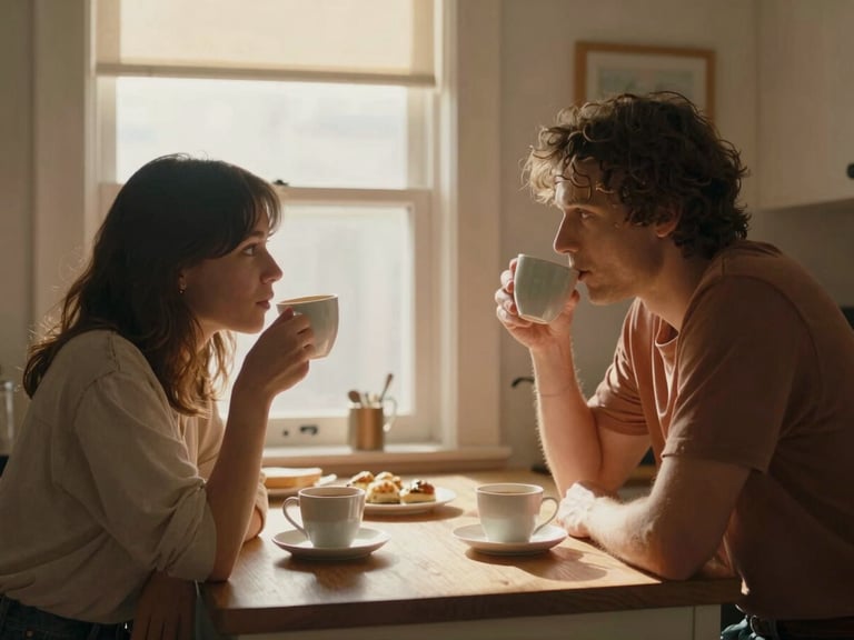 Cinematic indoor shot of a couple drinking coffee in a sunlit kitchen, warm natural window light, candid interaction, unposed, soft shadows, 35mm film style.