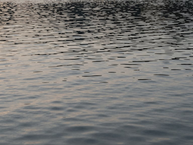 Intimate close-up of water surface catching diffused window light, faint ripple texture visible, very still and spare, cool neutral tones, generous empty space