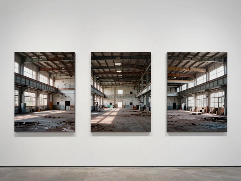 Architectural framing of a triptych from the 'Industrial Scars' series, featuring three large-format prints of a decommissioned factory interior, clean white walls, soft daylight.