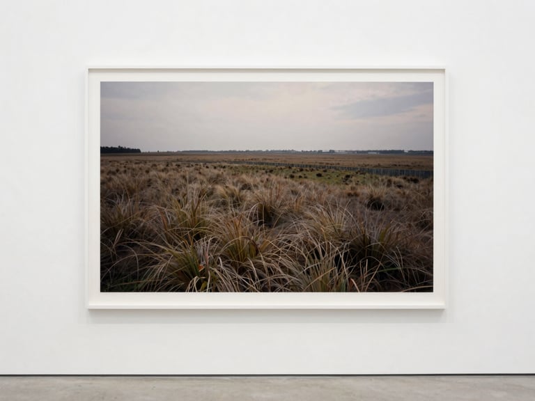 A specific image from the 'Altered Landscapes' series, a large-format archival pigment print, mounted on acid-free dibond, displayed in a clean white gallery setting under soft diffused light, straight-on architectural framing.