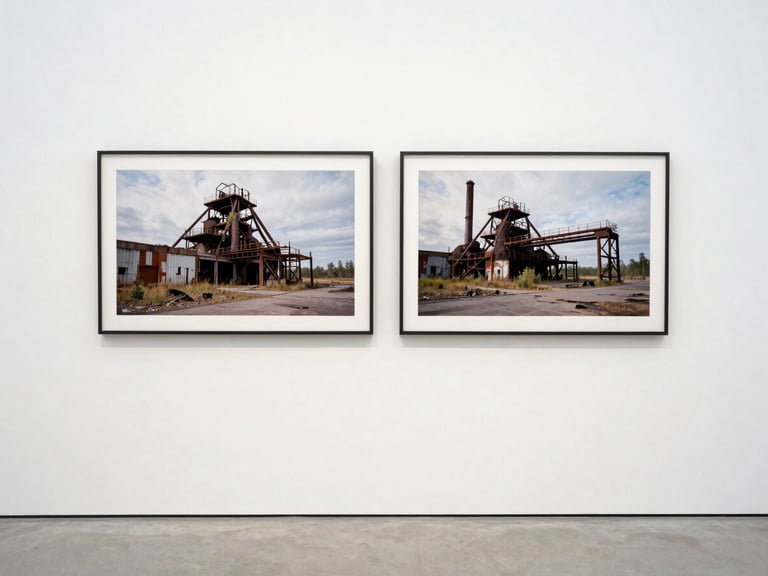 Straight-on view of a framed diptych from the 'Industrial Scars' series, showcasing two large-format photographs of abandoned industrial structures, displayed on a minimalist gallery wall.