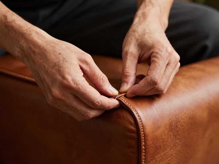 Macro shot of artisan hands hand-stitching thick cognac leather on a sofa frame, warm gold studio light, dark background, shallow depth of field