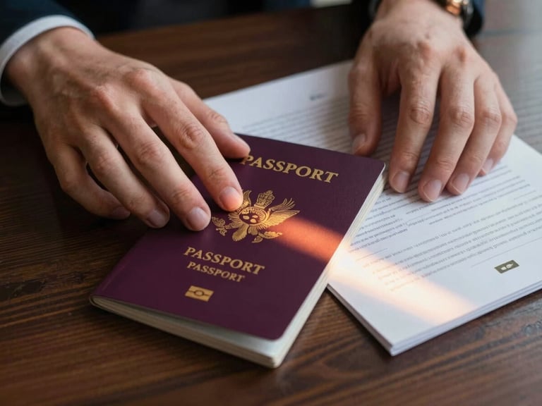 Cinematic close-up of two hands gently resting over international passports and legal documents on a dark wooden table, warm prismatic light leak crossing the frame, shallow depth of field.