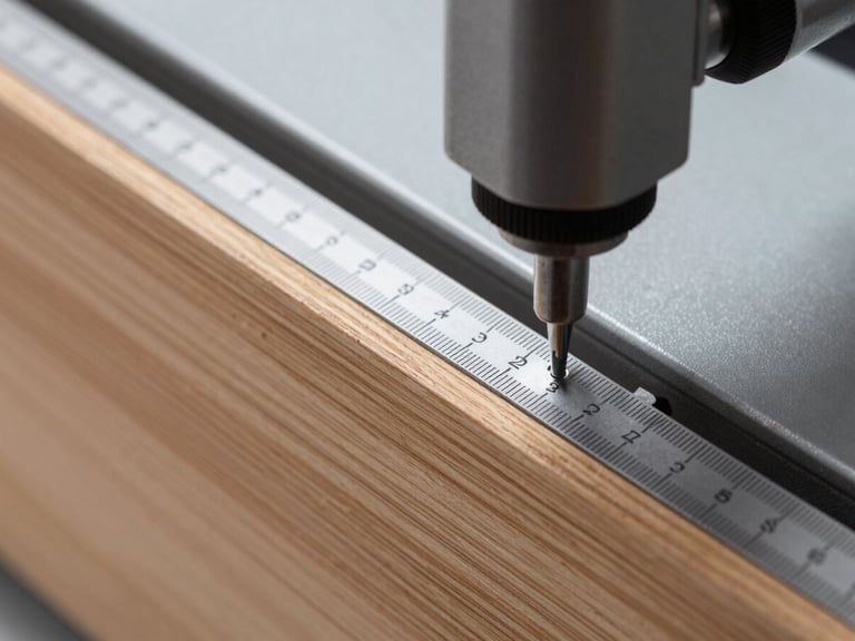 High-contrast macro shot of a wood panel edge under calibration machinery, showing precise thickness measurement gauges.