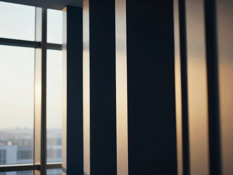 A modern, minimalist office interior with architectural details, soft diffused natural light, deep navy and warm gold tones, shallow depth of field, 35mm lens. No people.