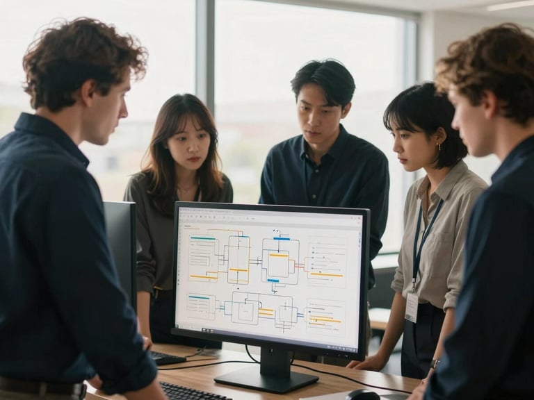A small team of professionals collaborating around a large monitor in a sunlit, modern office, focused on a complex diagram. Natural interaction, medium shot, soft diffused natural light, deep navy and warm gold tones, shallow depth of field, 35mm lens.