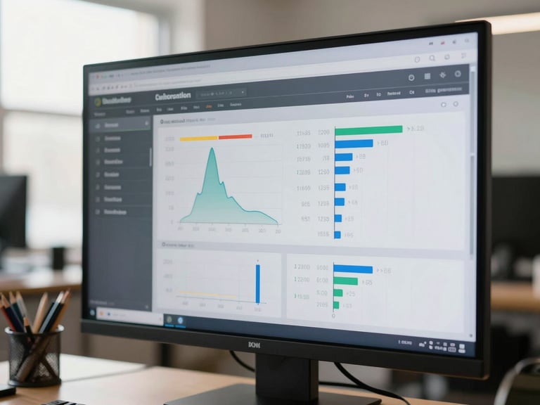 Candid close-up of a clean digital financial dashboard showing utilization metrics on a physical screen in a bright, sunlit creative studio space