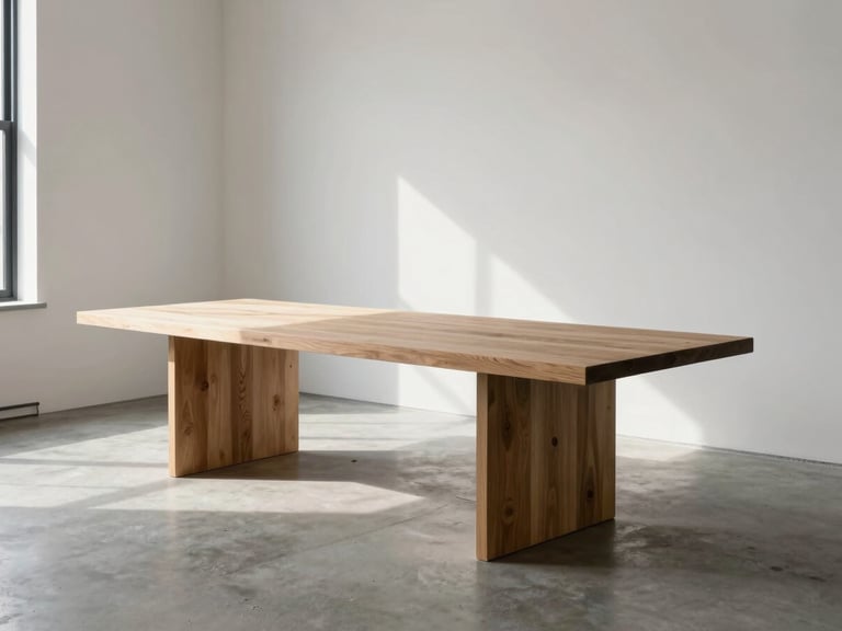 Wide environmental shot of a minimalist, sun-drenched design studio in New York, clean concrete floors, large oak work table, soft natural side-light, no people.