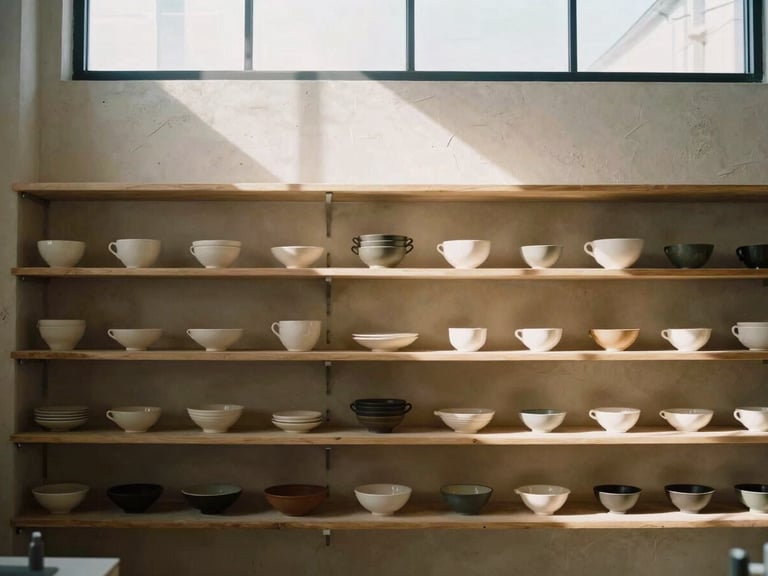 Quiet retail showroom interior, minimalist shelving with ceramics, textured plaster backdrop, soft overhead natural daylight, architectural composition