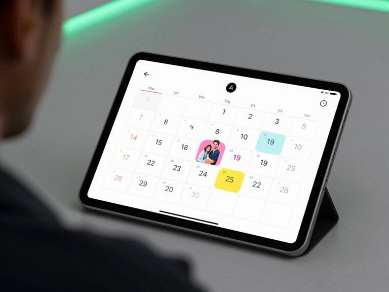 Over-the-shoulder view of a tablet displaying a colorful family calendar application, soft studio lighting, crisp details, shallow depth of field