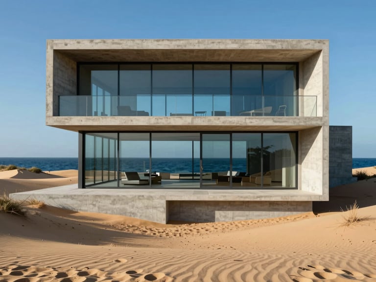 Minimalist concrete villa facade integrated with sand dunes, large floor-to-ceiling glass windows reflecting the deep blue ocean, harsh afternoon sun casting sharp shadows.
