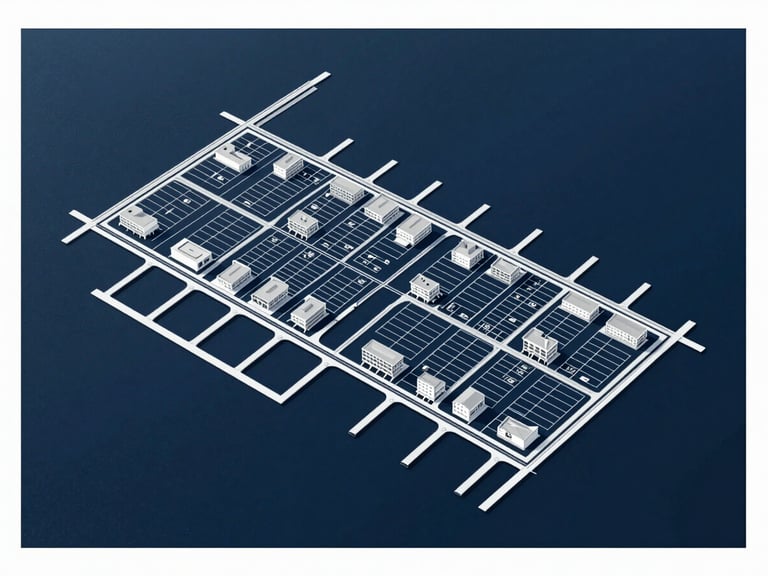Minimalist architectural masterplan drawing of a coastal community, clean white lines on a deep navy background, showing yacht docks and lot divisions