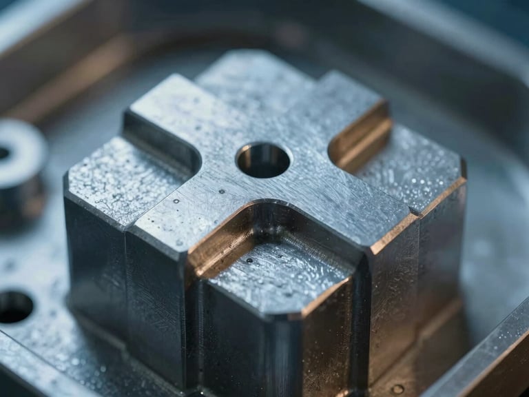 Macro close-up of a finished high-precision stainless steel investment casting showing intricate geometric details and fine textures, cool blue-toned ambient workshop light