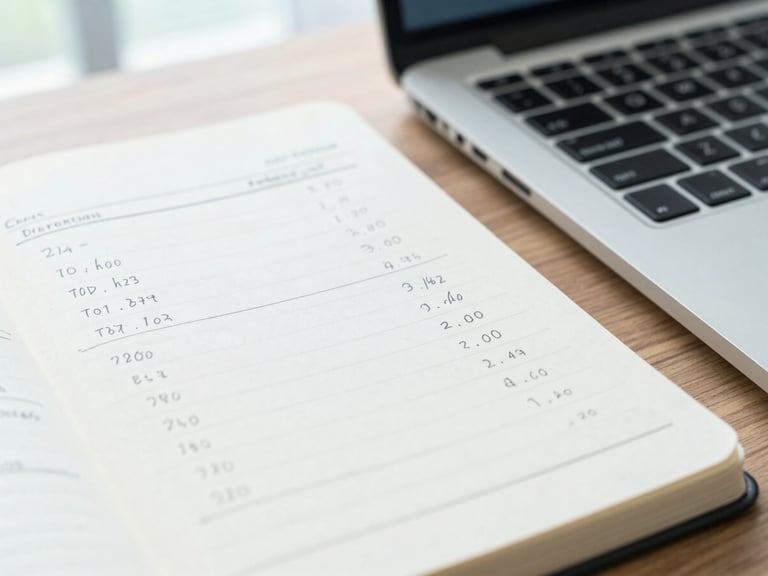 Tight focused macro shot of a clean notebook page with hand-written financial ratios next to a sleek laptop keyboard on a wooden desk
