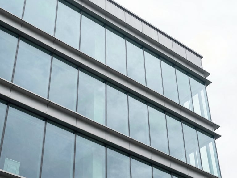 Modern corporate architecture looking up at a glass facade under bright overcast daylight, clean geometric steel frames