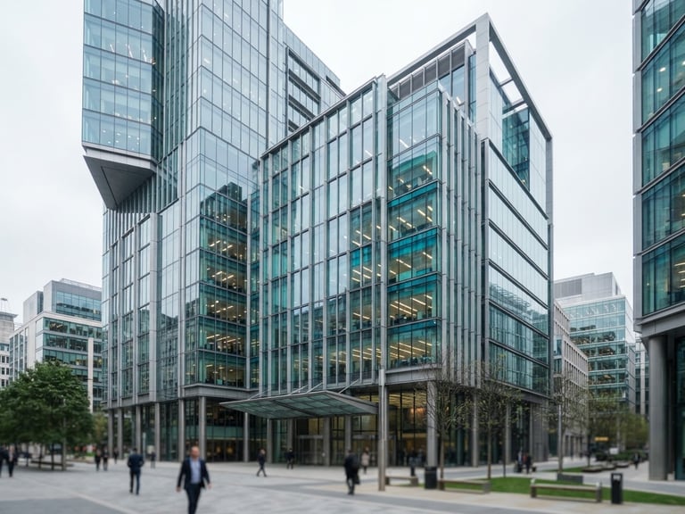 Wide environmental shot of modern corporate glass architecture, bright natural overcast daylight, cool corporate tones with subtle turquoise reflections, professional editorial photography, 50mm lens.