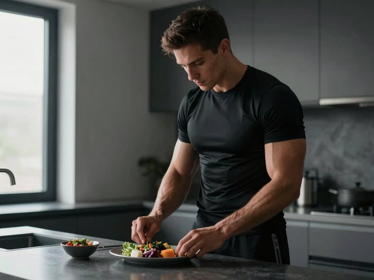 A disciplined male athlete in professional black sportswear preparing a clean, structured meal in a modern kitchen with natural window light, 35mm, moody athletic photography