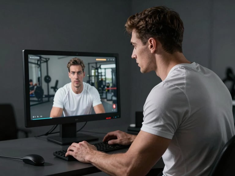 A focused male fitness creator in a clean athletic shirt reviewing video footage on a professional monitor inside a moody, side-lit studio, desaturated cool tones