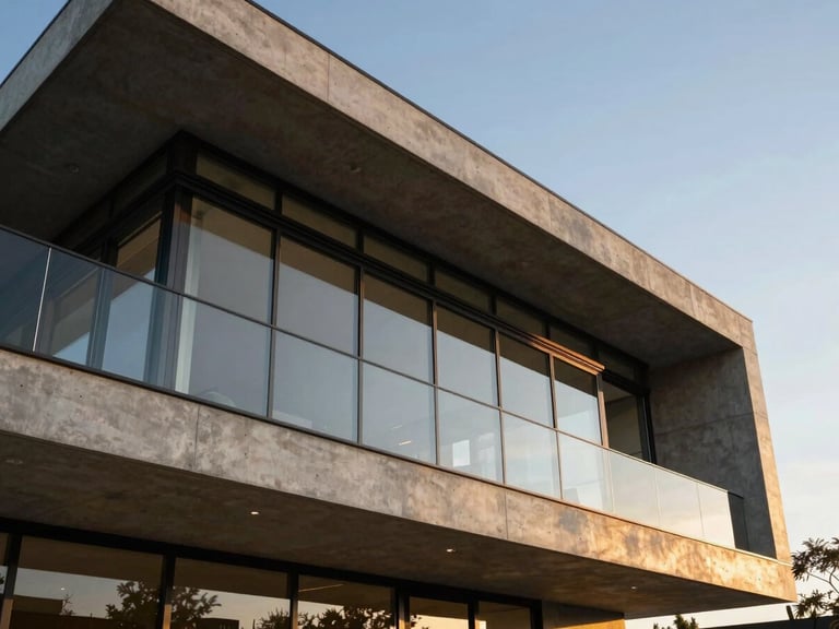 Low angle architectural shot of a modern concrete and steel villa facade, golden hour sunlight reflecting off panoramic glass panels, minimalist lines, 8k resolution.