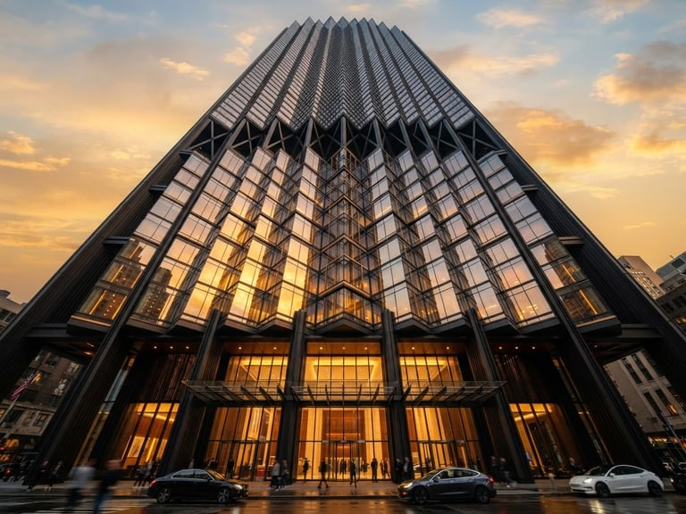 Low-angle architectural shot of a modern luxury skyscraper facade, golden hour sunlight reflecting on glass panels, deep charcoal steel structures, ultra-wide angle lens, premium editorial look