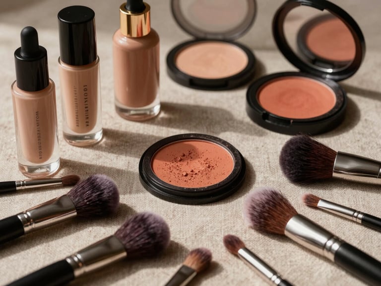 Wide cinematic crop, warm indirect studio light. An organized flatlay of luxury beauty products, including glass bottles of luminous primer, soft powder pigments in warm terracotta, and fine-bristled brushes on a textured linen surface.