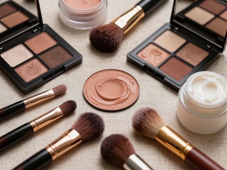 Warm, indirect studio light on an organized luxury makeup flatlay, featuring rich pigments, soft brushes, and hydrating creams on a textured linen surface.
