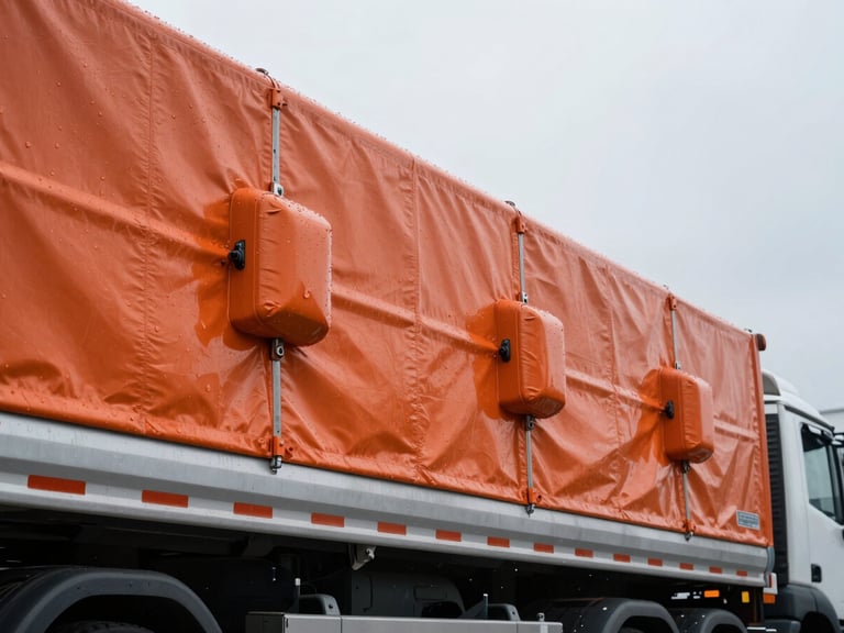 Close-up of a secure, industrial-grade orange canopy seal on a 24ft lorry, rain droplets on the heavy-duty waterproof material, clean industrial background.