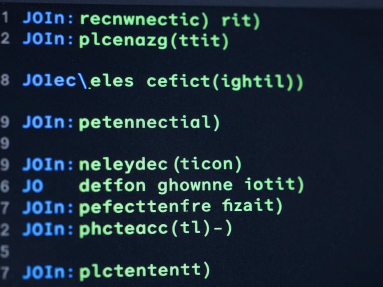 High-contrast screenshot of a phpMyAdmin SQL query window, showing a clean SELECT query with neon blue JOIN keywords on a deep slate background.