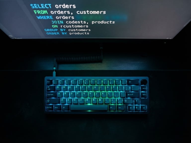 Overhead shot of a mechanical keyboard glowing in a dark room, with a screen showing high-contrast SQL code syntax in neon blue and emerald green.