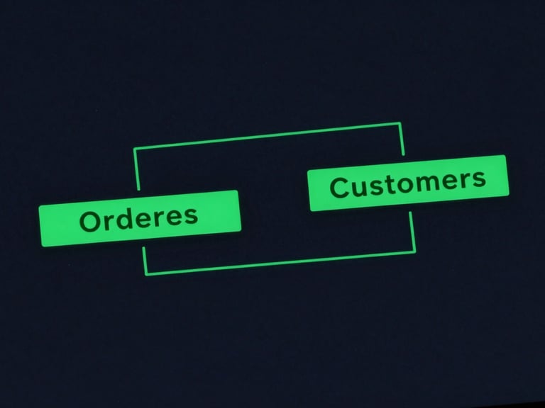 High-contrast database schema diagram on a deep slate background, showing emerald green lines connecting an orders table to a customers table.