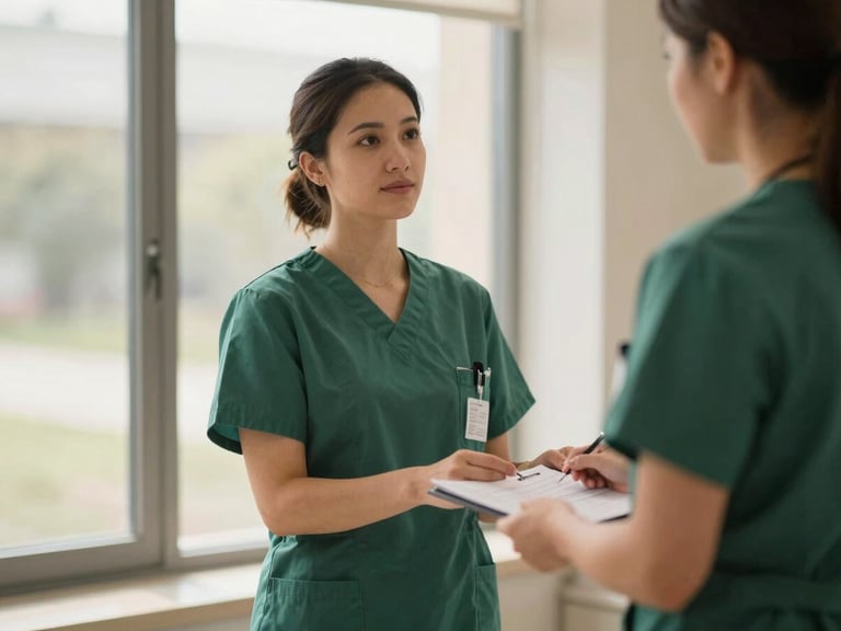 A professional nurse in clean green scrubs preparing for a shift, warm natural window light, shallow depth of field, authentic