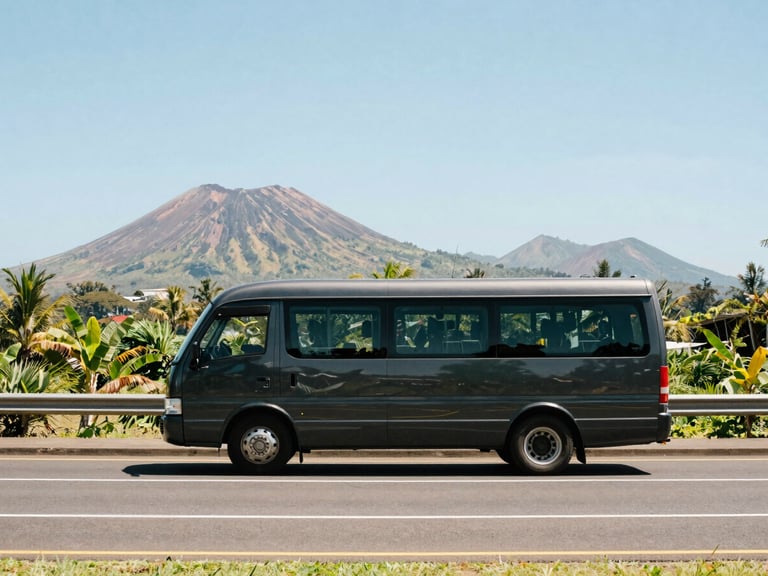 Side view of a clean, dark-colored minibus on a wide highway, volcanic peaks in the distance, bright daylight.