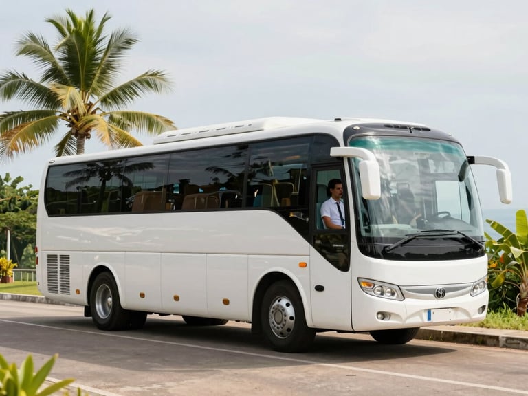 Large, modern tour bus parked at a designated scenic overlook, professional driver standing beside it, bright natural light.