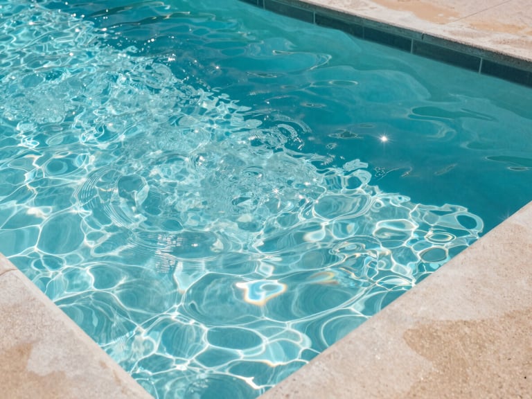 Close-up of sparkling turquoise pool water with gentle ripples, bright Arizona morning sun reflecting off the surface, clean concrete edge