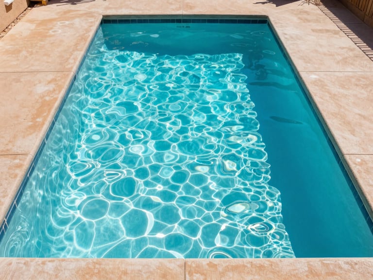 Bright outdoor photography of a pristine residential swimming pool in Phoenix, sparkling turquoise water, warm sand-colored concrete decking, sharp focus, 35mm