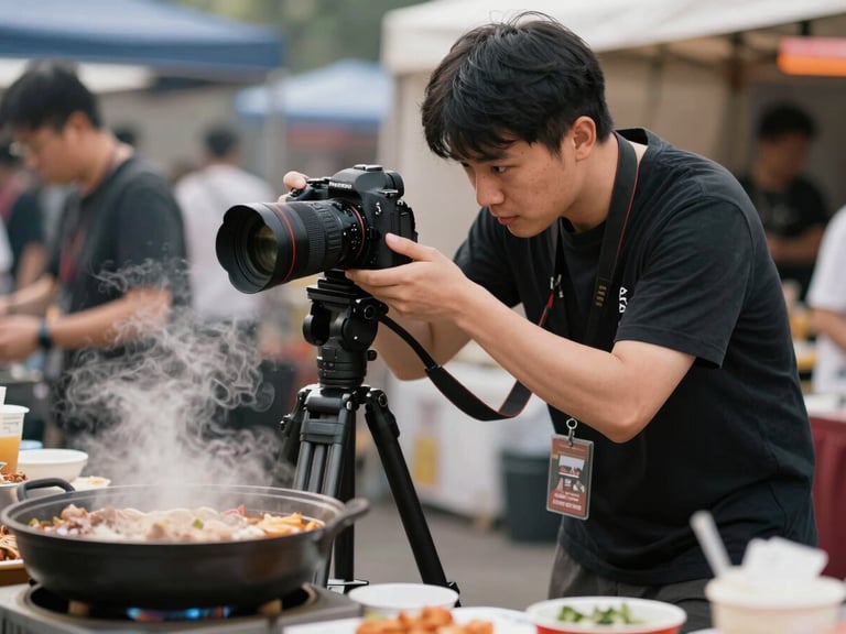 Candid mid-shot of a professional photographer from Pomodoro agency adjusting a camera on a tripod, capturing steam rising from a hot street food dish at an outdoor festival.