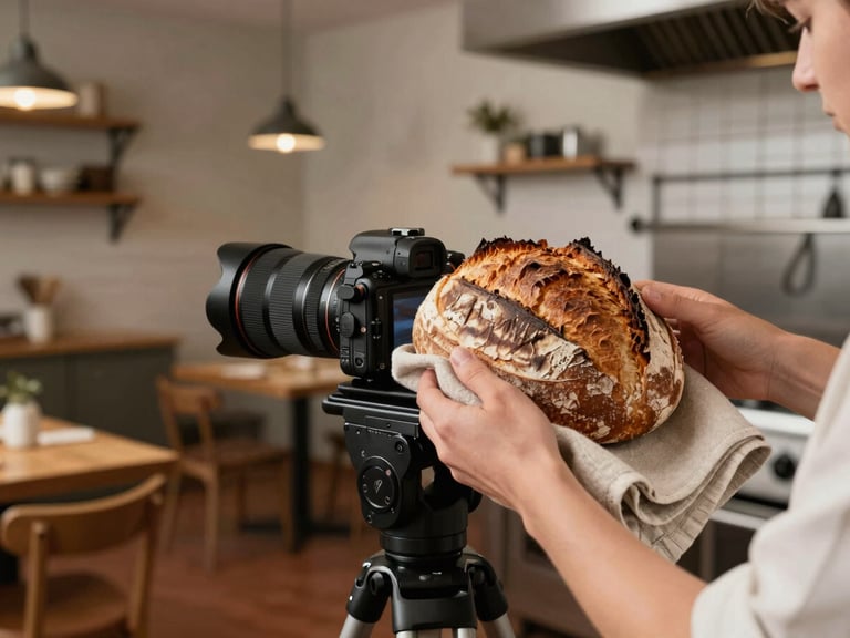 Landscape shot of a cozy modern restaurant kitchen, professional camera on a tripod focusing on a rustic sourdough loaf, hands of a stylist adjusting a linen napkin.