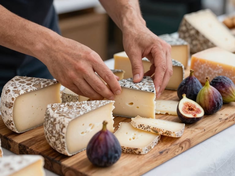 Close-up of hands arranging fresh local cheeses and organic figs on a rustic wooden board at a market stall, soft natural daylight, shallow depth of field.